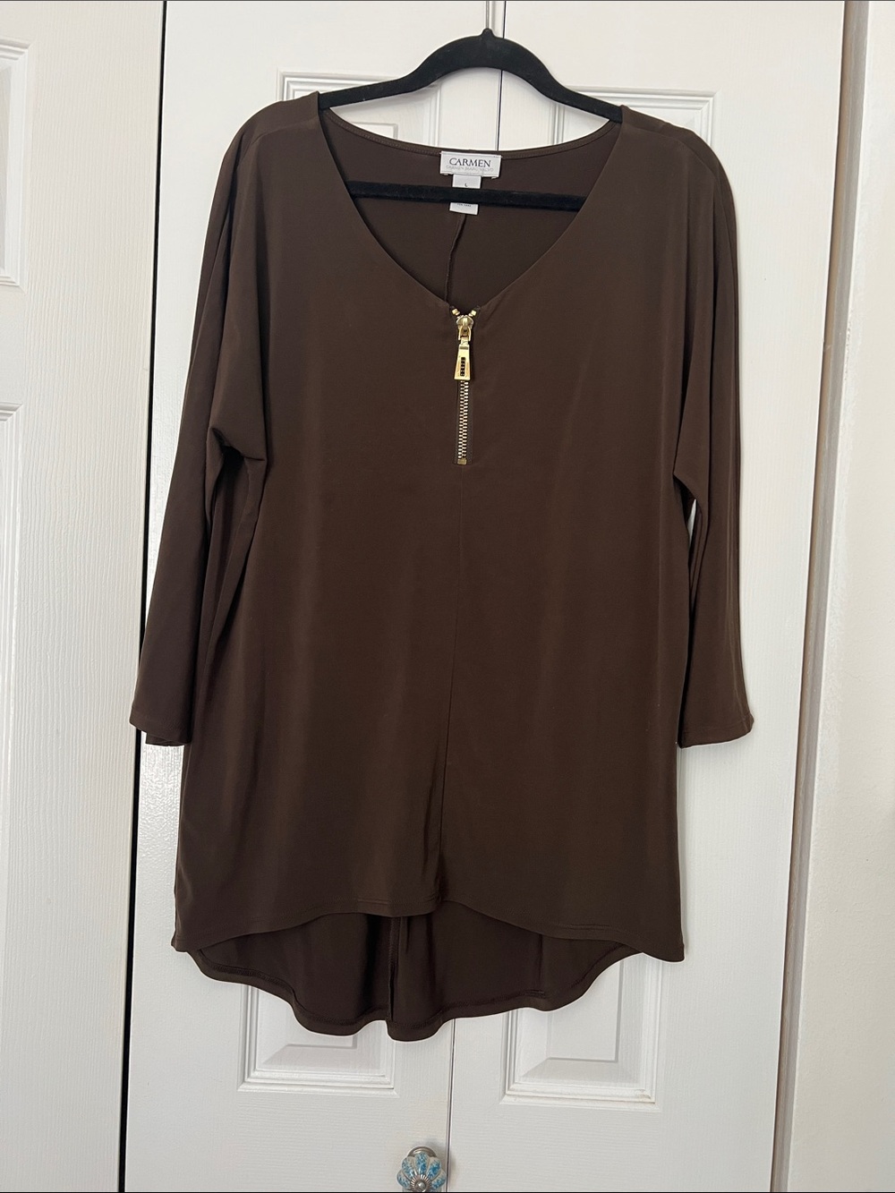 Carmen Studio Brown V-Neck Zip-Front Tunic